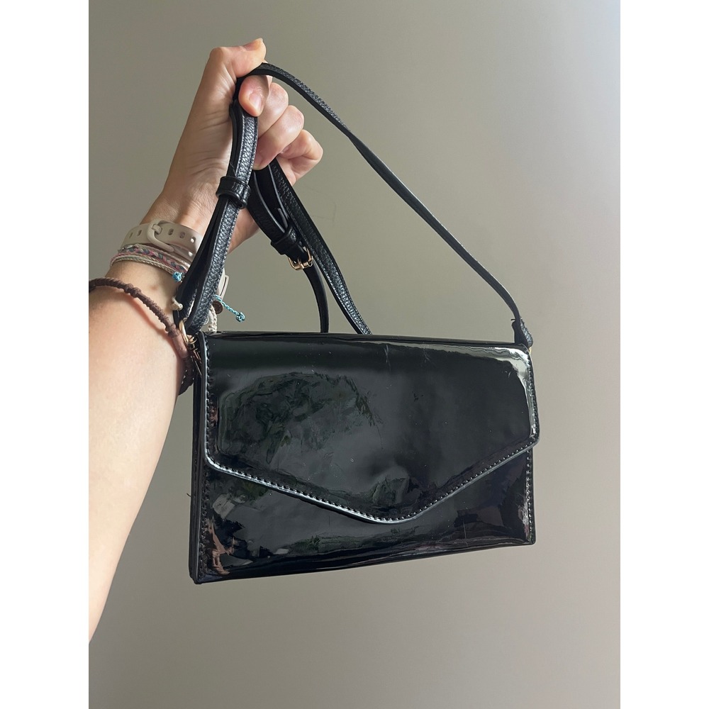 Black‎ Patent Leather Envelope Purse Crossbody Shoulder Bag 90s Minimalist Chic